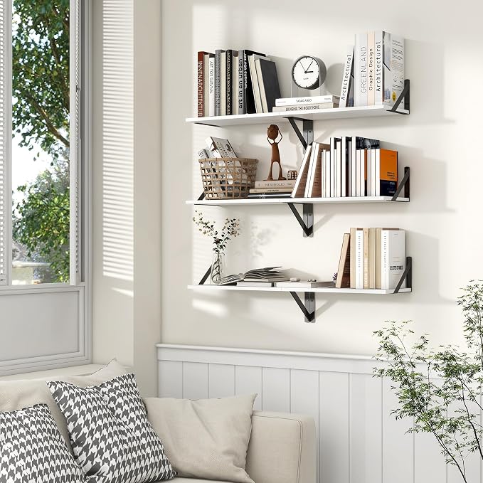 Axeman White Floating Shelves for Wall, 8 Inch Deep Wall Shelves Set of 2, 16''W x 8''D White Wood Shelves for Bookshelf Living Room Bedroom Home Office Bathroom
