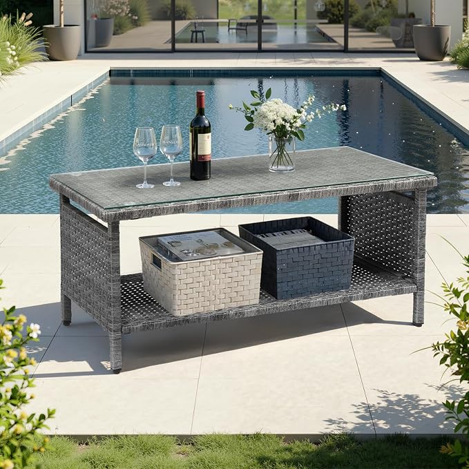 VINGLI Outdoor Wicker CoffeeTable Patio Coffee Tables for Outside, Tempered Glass Top Wicker Table with Storage Coffee Table for Patio Balcony Porch Deck (Gray)