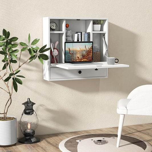 Tangkula Folding Wall Table - Floating Desk with Storage Drawer & Shelves (White)