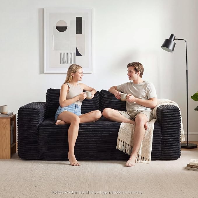 LIKIMIO Liorin Plush 71" Boneless Loveseat Sofa Black Corduroy No Assembly | 2 Seater | High-Density Foam | 25.6" Deep Seat | 17.3" High Seat | Sofa in a Box | Ideal for Apartment/Living room