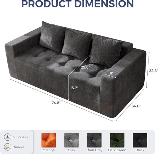 MAXYOYO Modular Sofa Couch, 75" Oversized Loveseat Boneless Cloud Couch with Deep Seat, Chenille Upholstered Living Room Comfy Sofa Chair for Living Room, No Assembly Required, Dark Grey