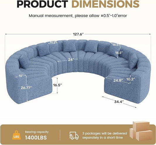 Oversized Curved Sofa, 6 Seater Modular Velvet Cloud Couch, Modern Boneless Sectional Couches for Living Room, No Assembly Required, Light Blue 1PC