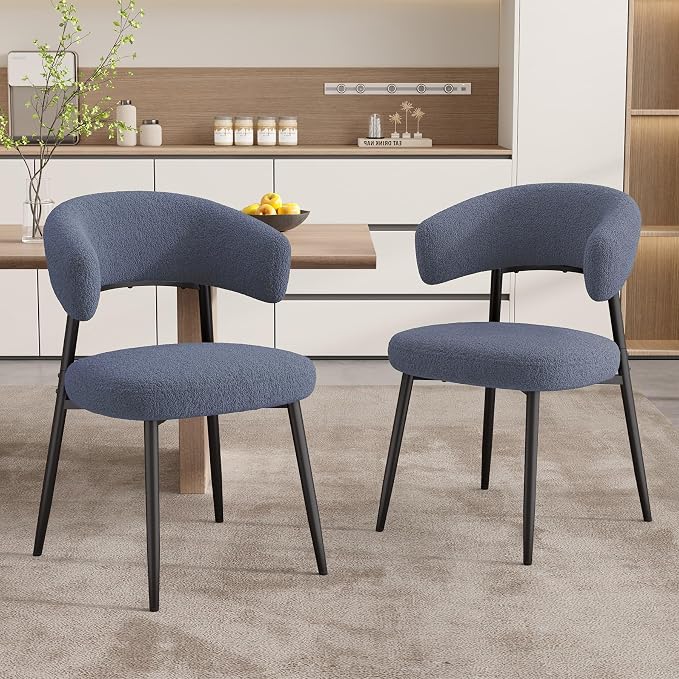 Dining Chairs Set of 6, Mid Century Modern Kitchen Chairs, Boucle Upholstered Dining Chair with Curved Backrest & Metal Legs for Kitchen Dining Room, Dark Blue
