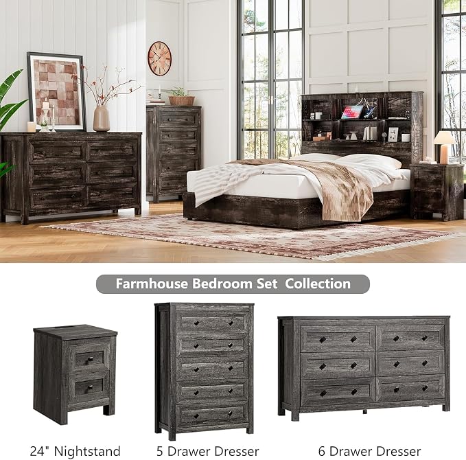 LUXOAK 5-Piece Farmhouse Bedroom Set, 1 X Queen Size Bed Frame, 1 X 5 Drawer Dresser, 1 X Wood Rustic 6 Drawer Storage Dresser, Nightstand Set of 2 with Charging Station, Bedroom Furniture Set, Grey