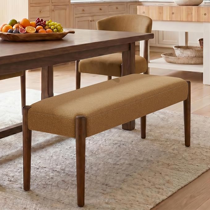 Usaint 42" End of Bed Bench, Modern Upholstered Bedroom Bench with Rubberwood Legs, Entryway Bench with Cushion, Dining Bench for Living Room, Bedroom, Caramel Orange with Walnut Leg