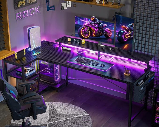 ODK 66 Inch Gaming Desk with USB Charging Ports and LED Lights, Reversible L Shaped Computer Desk with Storage Shelves & Monitor Stand, Corner Gamer Desk Table with Power Outlets, Carbon Fiber Black