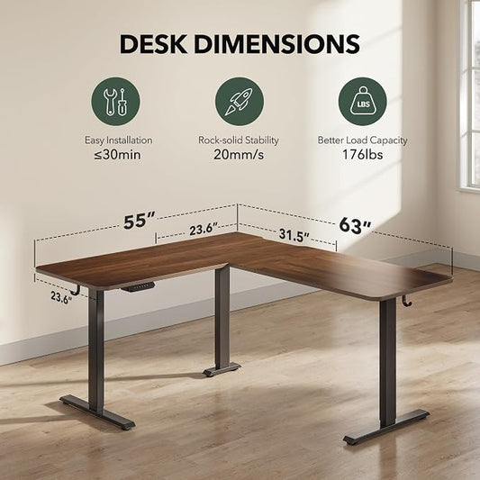 Cubiker Reversible L Shaped Standing Desk - 63 x 55 Inch Electric Adjustable Height Corner Standing Desk, Ergonomic Sit Stand Up Table with 3 Memory Buttons, Splice Board for Home Office, Black Walnut