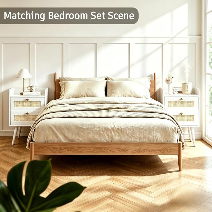 Nightstands Set of 2 with Charging Station, Modern Boho Rattan Bedside Tables with 2 Drawers,Open Storage End Tables for Bedroom, Small Spaces and Dorm, Solid Wood Legs,White