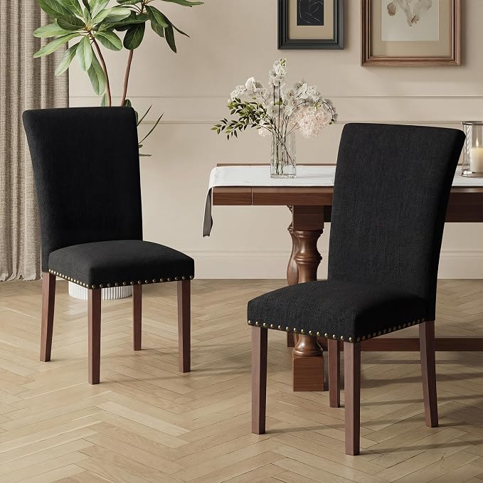 COLAMY Upholstered Parsons Dining Chairs Set of 4, Fabric Dining Room Kitchen Side Chair with Nailhead Trim and Wood Legs - F-Black