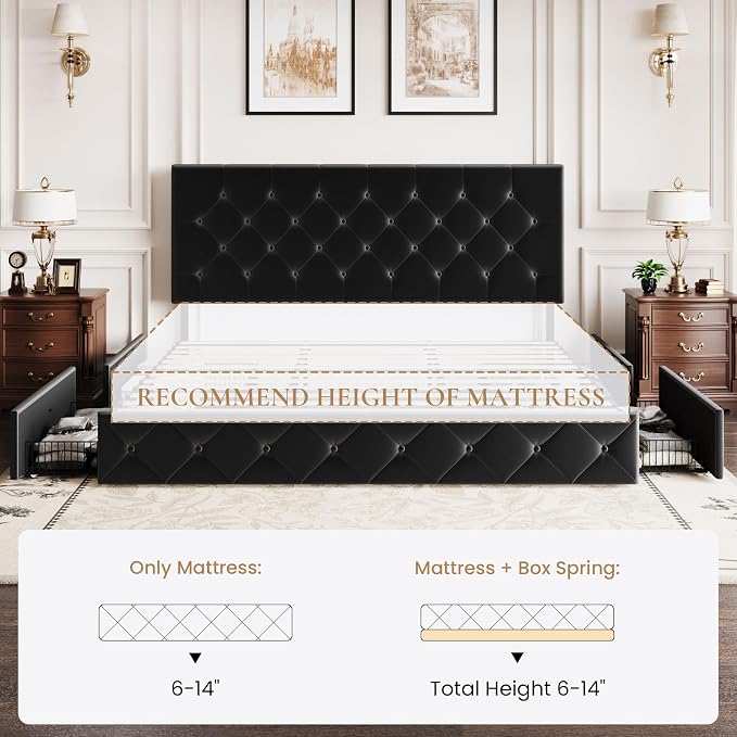 SHA CERLIN King Size Platform Bed Frame with 4 Oversized Storage Drawers, Adjustable Headboard with Velvet Upholstery, Diamond Button Tufted Design, Wooden Slat Support, No Box Spring Needed, Black