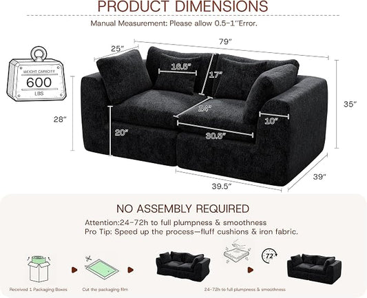 GRUSIGN 79'' Oversized Boneless Cloud Loveseat for Living Room, Modern Big Sectional Compressed 2 Seater Couch with 2 Throw Pillows, Comfy Chenille Deep Seat Foam Spineless 2 Person Couch, Black