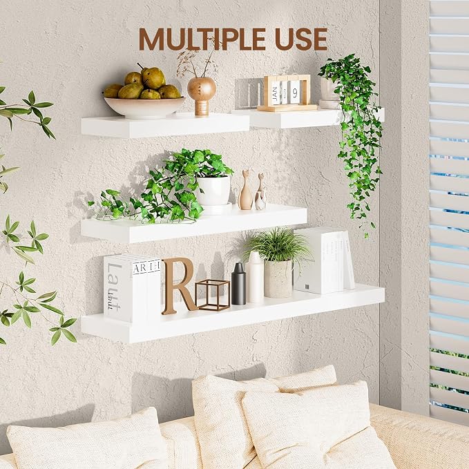 Heimlove Wooden Floating Shelves for Wall, White Pine Shelves Set of 2, 36 in Rustic Wood 8 Inch Deep Floating Shelf with Invisible Brackets for Bedroom Kitchen Living Room - Classic White