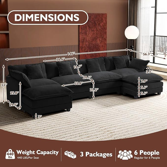 Ihanherry U-Shaped Modern Sofa 146" Modular Sectional Cloud Couch with 2 Ottoman, 6-Seat Chenille Deep Seat Sofa with 6 Pillows for Living Room, Black