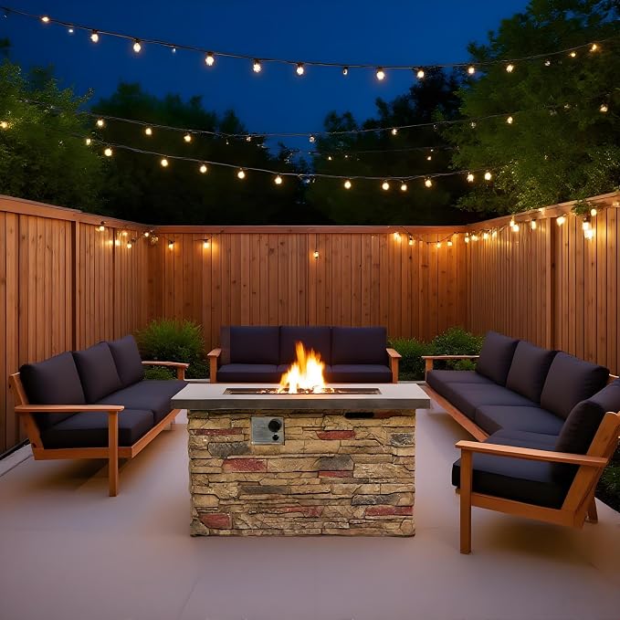 42" Propane Gas Fire Pit Table, 50,000 BTU Rectangular Concrete Outdoor Fire Pit with Lid & Glass Beads for Patio, Deck, Backyard & Garden, Beigie Multi