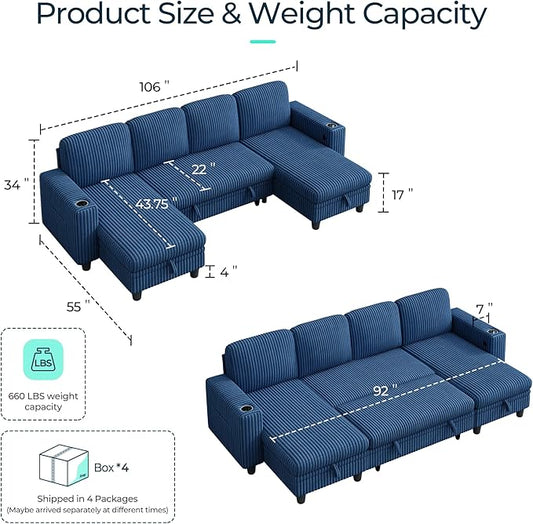 LINSY HOME Sectional Sleeper Sofa Pull Out Couches for Living Room (Blue, Sleeper Sofa 3) | Pull Out Sofa Bed, Storage, USB Charging, Cup Holders, Plush Corduroy
