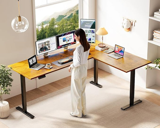 Casaottima 71 Inch Reversible Electric L Shaped Standing Desk, Height Adjustable Corner Stand up Desk, Ergonomic Large Lift Table for Home, Office, Workstation, Reception Room, Rustic Brown