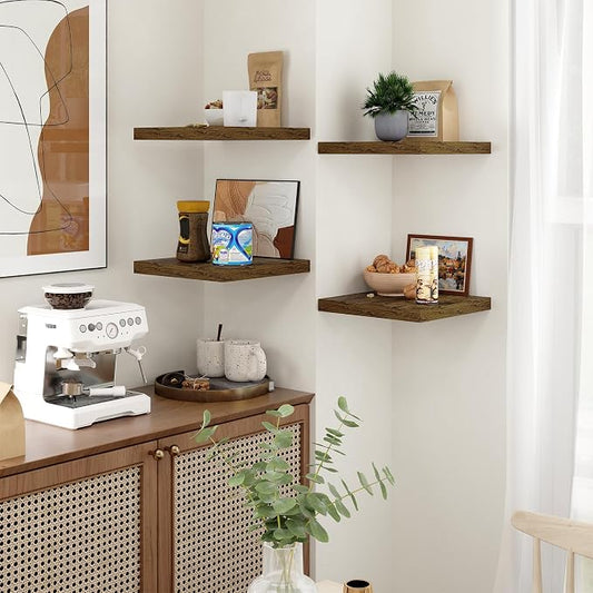 Fun Memories Square Floating Shelves for Wall - 12 Inch Deep Floating Shelves with Invisible Brackets, Brown Small Wall Shelf for Living Room, Bathroom, Bedroom, and Kitchen Decor Set of 4