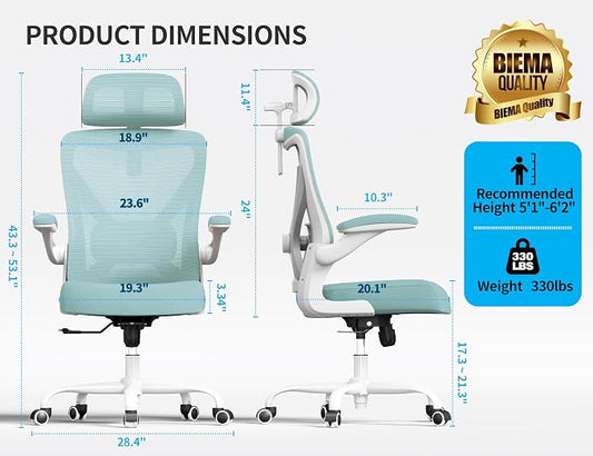 Ergonomic Office Chair: Computer Desk Chair Comfy Gaming Chair for Adults - Office Chair with Lumbar Support & Headrest - Executive Office Rolling Chairs for Home Work (Lake Blue)