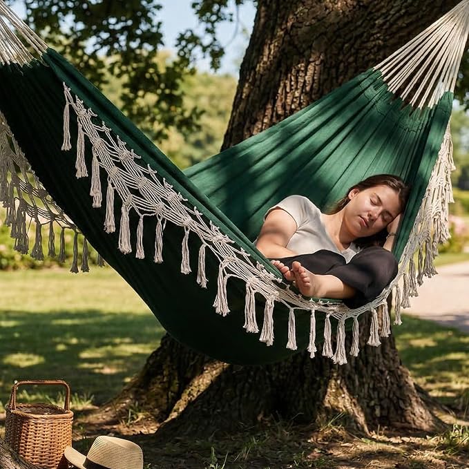 Double Boho Macrame Hammock with Elegant Tassels for Patio, Yard, Beach Wedding Decor, Outdoor and Indoor Up to 450lbs Include Tie Ropes and Drawstring Bag (Green)
