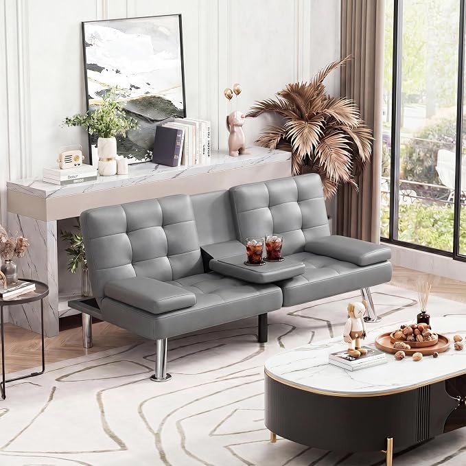 Homall Futon Sofa Bed, Leather Futon Couch with Removable Armrests, Adjustable Recliner Sleeper Sofa Bed with Dual Cup Holders for Living Room, Apartment, Office (Gray)