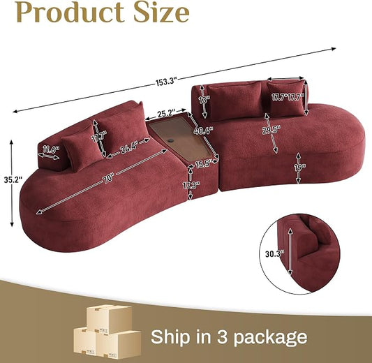 153.3" Oversized Curved Sectional Sofa, Luxury Chenille Cloud Couch for Living Room, Large Modern Modular Deep Seat Sofa with Movable Coffee Table & USB, No Assembly Needed, Red