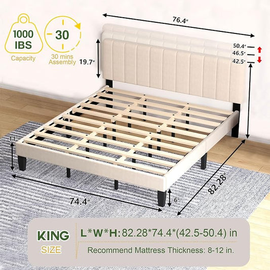 King Size Bed Frame with Headboard, Platform Bed with Soft Velvet Upholstered Headboard | Wooden Slats Support | Adjustable Height | No Box Spring Needed, King Bed Frame Beige