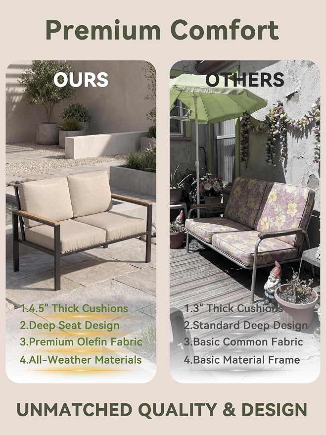 4 Piece Patio Furniture Set, All-Weather Sectional Sofa with 4 Inch Thick Cushions, 210g Fade-Resistant Spun-Dye Fabric, Outdoor Conversation Set with Coffee Table, Beige