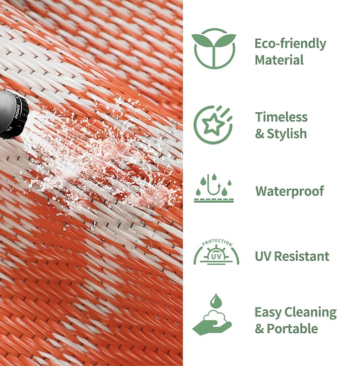 GENIMO Waterproof Outdoor Rug for Patio Clearance, 6'x9' Reversible Plastic Straw Rugs, Lightweight RV Camping Mat for Camper, Balcony, Deck, Backyard, Picnic, Orange White Plaid