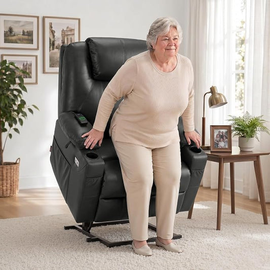 MCombo Power Lift Recliner Chair for Elderly R7042(Grey, Small-Wide) | Heat and Massage, Breathable Faux Leather, USB& Type C Charging Port, FSC Certified