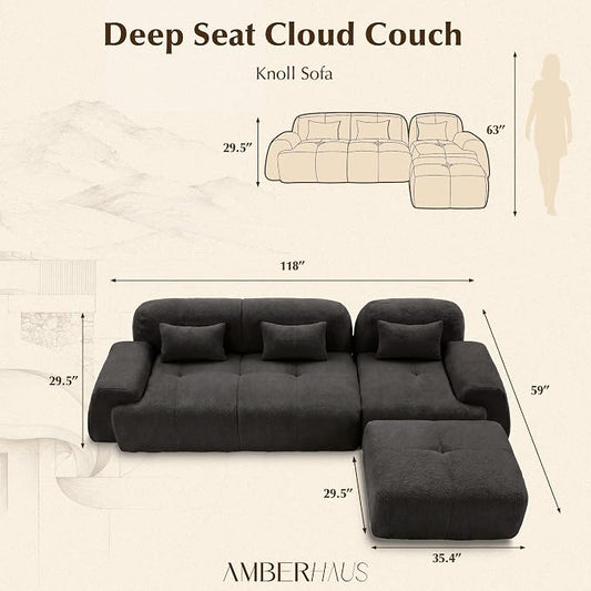 118'' Modular Sectional Cloud Couch Boneless Couches, Oversize Curved Sectional Couches for Living Room, Deep Seat Couch Lambswool Sofa with Ottoman & Throw Pillows, No Assembly, HR Foam