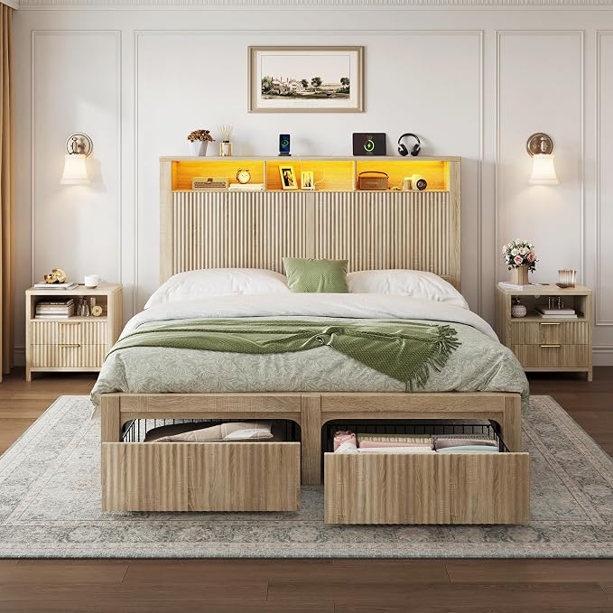 CypBed Full Size Bed Frame with Headboard and Storage Drawer, Full Bed Frame with LED Light and Charging Port, Farmhouse Wavy Wood Design, Wood & Metal Platform, Noise-Free, No Box Spring Needed