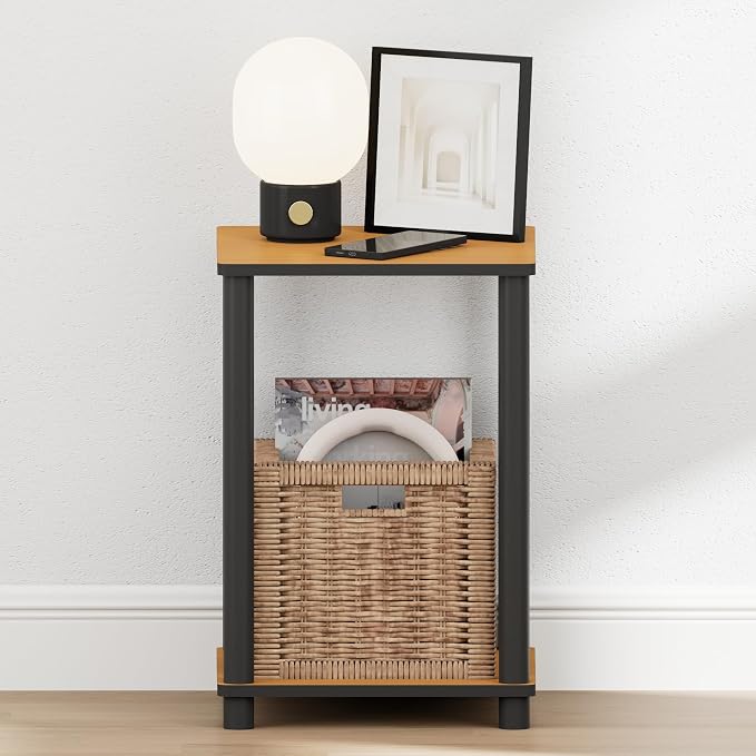 Furinno Turn-N-Tube Night Stand, 2-Tier Open Shelf Design Nightstand, Toolless Square Bedside Table, End Table, Side Table, for Bedroom, Closet, Dorm, Light Cherry