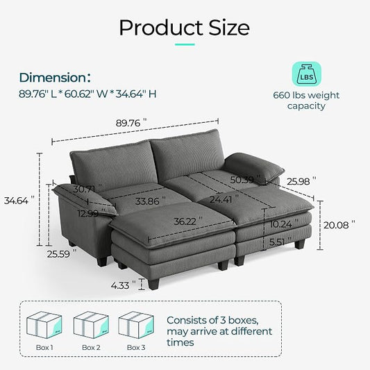 LINSY HOME 90'' Modular Sectional Sofa 2 Seat Couch Corduroy Cloud Couch with Deep Seat, Modern Cloud Couch with 2 Movable Ottoman for Living Room, Office, Bedroom, Grey