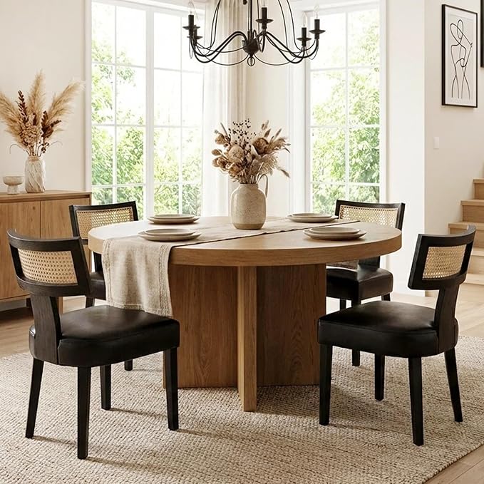 HNY Mid Century Modern Rattan Dining Chairs Set of 6, Farmhouse PU Leather Upholstered Accent Chair Curved Backrest Kitchen Chairs, with Black Hardwood Frame, Black