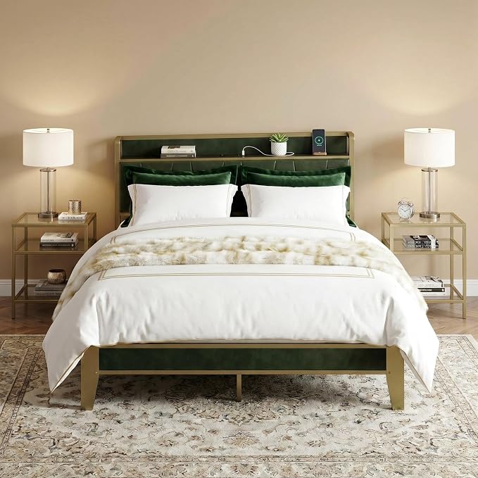 LIKIMIO Queen Bed Frame, Storage Headboard with Charging Station, Solid and Stable, Noise Free, No Box Spring Needed, Easy Assembly (Dark Green)