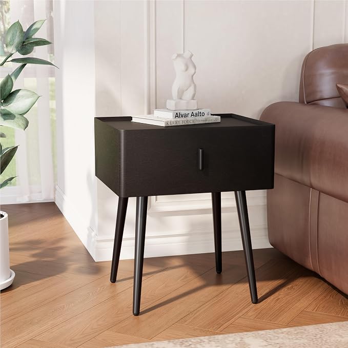 Nightstand Set of 2 with Single Drawer, Leather Side Table, Modern Bedside Table with Metal Legs for Bedroom, Small Accent End Table, Black