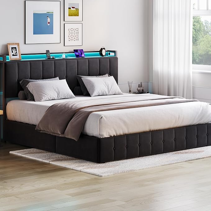 Garvee King Size Lift Up Storage Bed with LED Lights, Upholstered Velvet Bed Frame with Storage Headboard & Charging Station, Metal Platform Bed, No Box Spring Needed, Solid Wooden Slats, Black