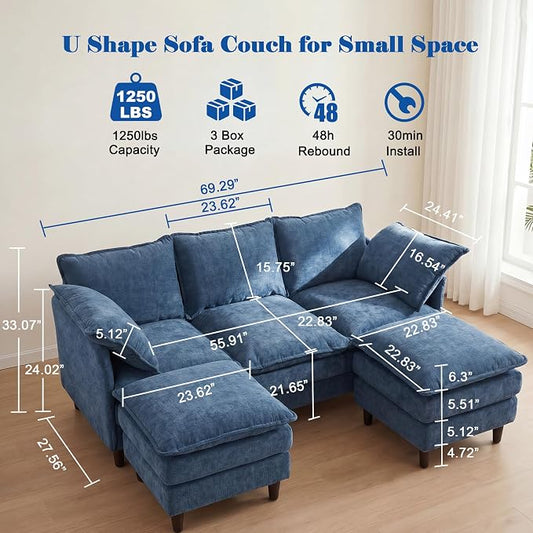 3 Seater U-Shape Couch Sofa with Ottomans, 69" Small Couch Modern Comfy Cloud Sofa with 23" Deep Washable Pillow ChenilleCover Couches for Living Room Bedroom Apartment Office 69-Blue-U