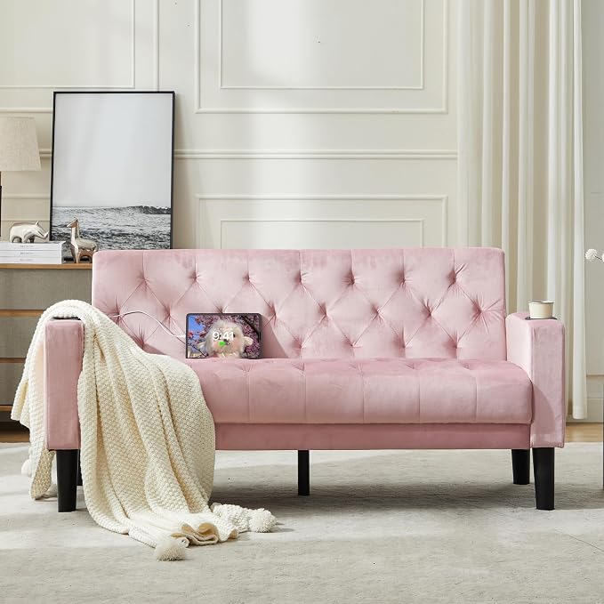 TYBOATLE 62" W Loveseat Sofa w/ 2 USB Charger Ports and 2 Cupholders, Mid-Century Modern Tufted Pink Velvet Small Love Seat Couches for Compact Living Room, Bedroom, Apartment, Dorm