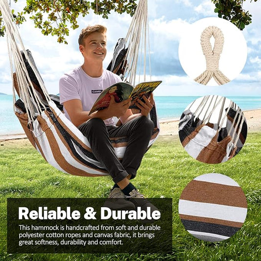 KPX Ourdoor Hanging Hammock Chair – Comfortable Tree Swing Chair Large Size 110X130cm(Without Pillows) - 330 Lbs Weight Capacity (Brown)