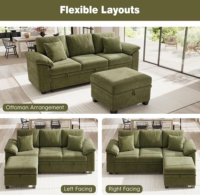 Ihanherry 86" Modular Sectional Sofa with Pull Out Bed, 4-Seater L Shaped Sectional Sleeper Couch with Storage Ottoman, Chenille Convertible Couches for Living Room, Apartment (Green)