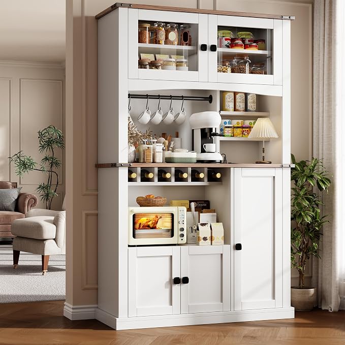 Einhomn 71" Tall Kitchen Pantry Cabinet with Charge Station, 3 Adjustable Shelves, Wine Rack and Glass Door, Kitchen Hutch for Dining Room, Kitchen and Living Room, White