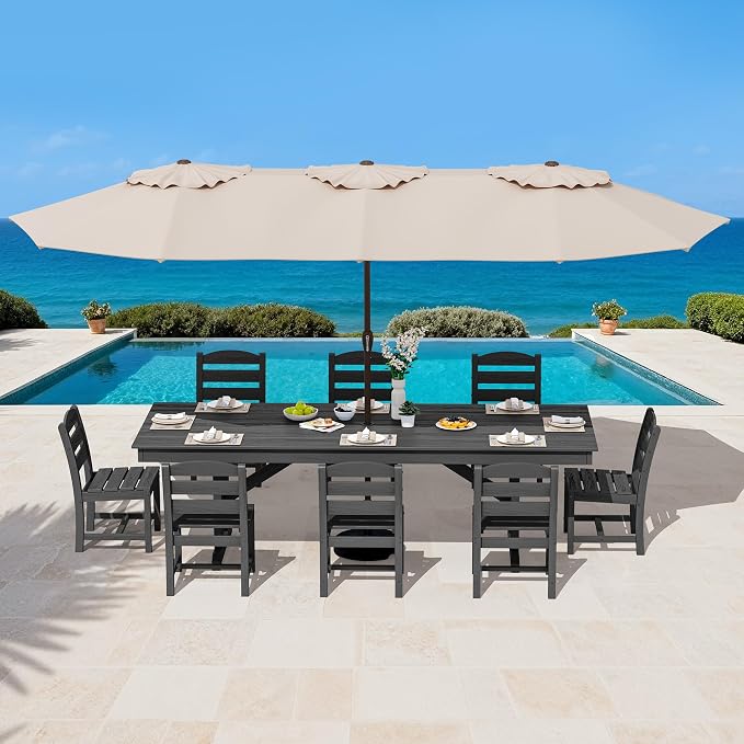SERWALL 9 Piece 84" HDPE Outdoor Dining Set for 8 with Armless Chairs and Umbrelle Hole, Black