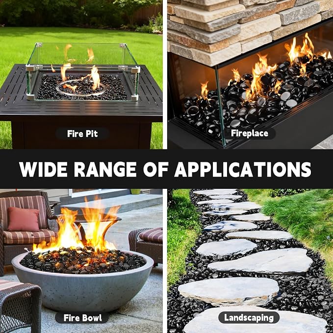 3/4 Inch Fire Glass Beads,20 Pounds Fire Pit Glass Beads High Luster for Gas Fireplace, Fire Pit Table,Landscaping (Onyx Black Luster)