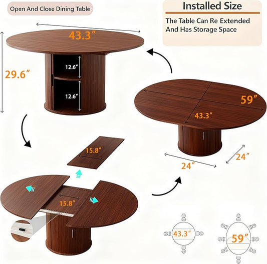 Wildhome Extendable Round Dining Table for 2-4-6, 59 Inch Dining Room Kitchen Table with 2-Tier Storage Shelf, Modern Farmhouse Fluted Wood Slide Door Dinner Furniture,Oval Circle,Walnut-59 Inch