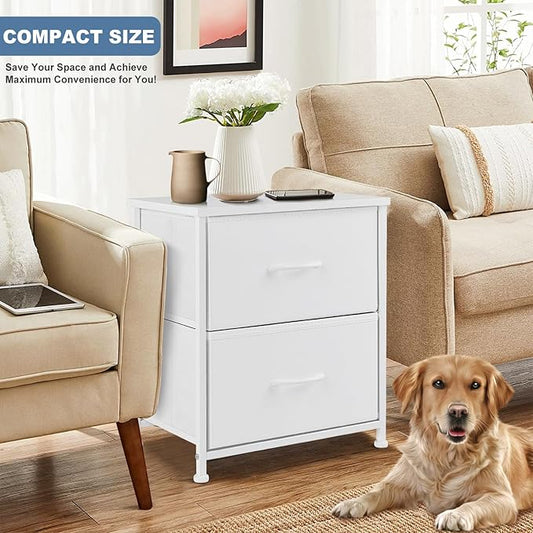 DUMOS Nightstand Set of 2, Small Dresser with 2 Fabric Drawers, End Table | Bedroom Kids Bedside Storage Furniture for 25 inch Tall Night Stand, Dorm, White