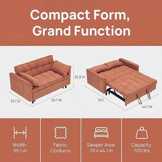 3 in 1 Convertible Sofa Bed, Corduroy Fabric Loveseat Sleeper Couch, Modern Pull Out Couch with Side Pockets, Sleeper Sofa Bed with Adjustable Backrest for Living Room, Orange