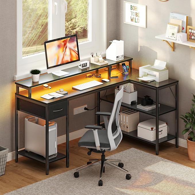 DUMOS 53" Gaming Desk with USB Charging Ports & LED Lights, Reversible L-Shaped Corner Computer Table for Small Spaces, Power Outlets, Monitor Stand & Storage Shelves Included, Modern Black