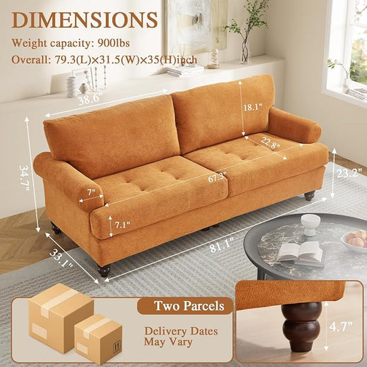 81” Sofa Couch with Storage, Mid Century Modern Decor Loveseat Couches for Living Room, Button Tufted Upholstered Small Couch for Bedroom, Apartment (Ginger)