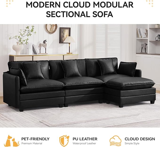 111'' Sectional Cloud Deep Seat Couch, Modern Comfy Leather L Shaped Sectional Sofa for Living Room Set, Upholstered Modular 4-Seats Sofa Couch with 1 Movable Ottoman, Leather Black